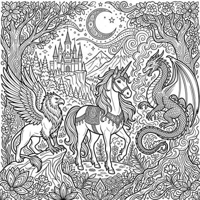 Dive into a world of enchantment with this detailed coloring page featuring legendary mythical creatures. Bring to life a majestic unicorn, a mighty griffin, and a fearsome dragon surrounded by a mystical landscape and a grand castle.