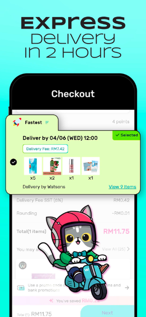 2시간 특급 배송 옵션과 고양이 캐릭터 배달원이 표시된 Watsons MY 앱 결제 화면