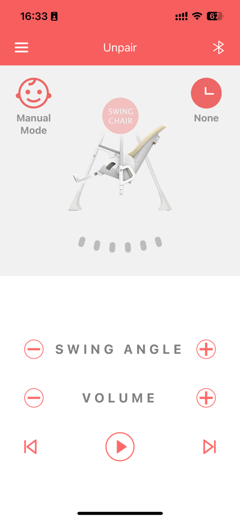 Baby Swing - Interfaz de la aplicación Mecedora para Bebé mostrando controles remotos para el ángulo de balanceo y el volumen de la música