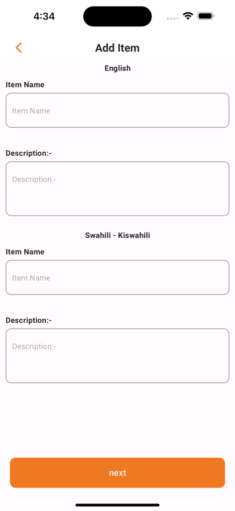 PolePoleFood Store - Add Item screen with name and description fields in English and Swahili