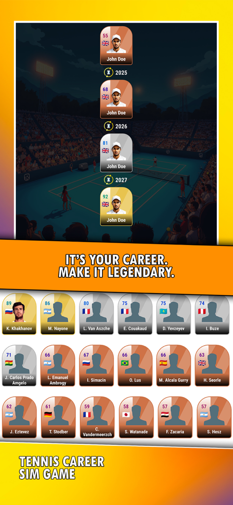 A display of player cards showing the career progression from a rookie to a legendary tennis player.