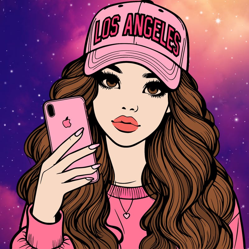 realistic beautiful girl wearing los ángeles cap holding an iphone