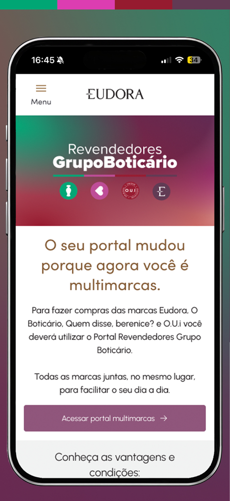 Revendedores Grupo Boticario mobile app welcome screen for multi brand beauty resellers