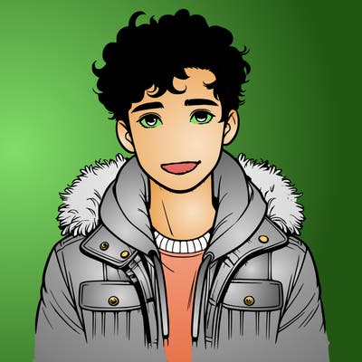 realistic, looking boy with curly hair and a jacket.