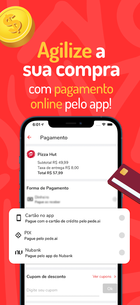 Pede.ai - Delivery - Pede.aiアプリの画面には、PIXやクレジットカードを含む食品配達のオンライン支払い方法が表示されている
