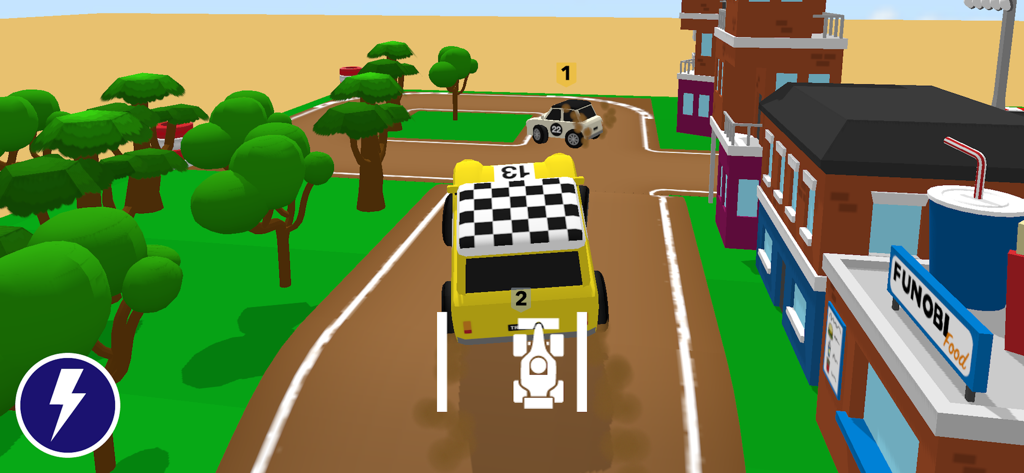 Third-person view of a yellow car racing on a custom track in a colorful town