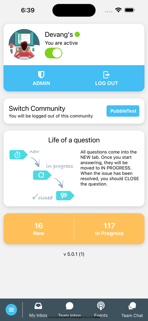 Chatify mobile app dashboard displaying user status toggle, question workflow diagram, and ticket statistics for new and in-progress chats.