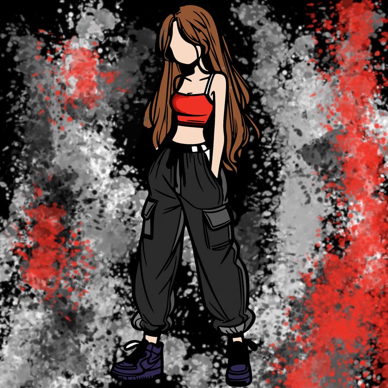 girl in baggy pants crop top and long hair