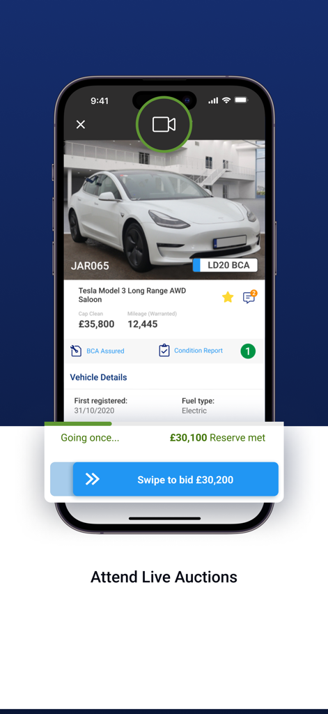 BCA Buyer - BCA Buyer app interface showing a live vehicle auction for a Tesla Model 3 with a swipe to bid button