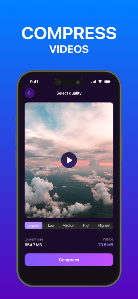 Video compression interface showing a file size reduction from 654MB to 73MB to save phone storage