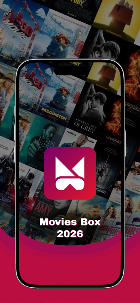 Movies Box 2026 - Logo e título do aplicativo Movies Box 2026 em uma tela de iPhone contra um fundo de pôsteres de filmes