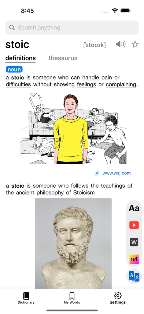 Deep Dictionary - Deep Dictionary mobile app interface displaying definitions and visual illustrations for the word stoic
