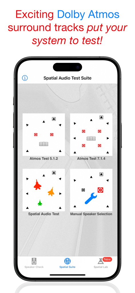 サラウンドスピーカーチェックアプリの空間オーディオテストスイートインターフェイスが Atmos テストオプションを表示