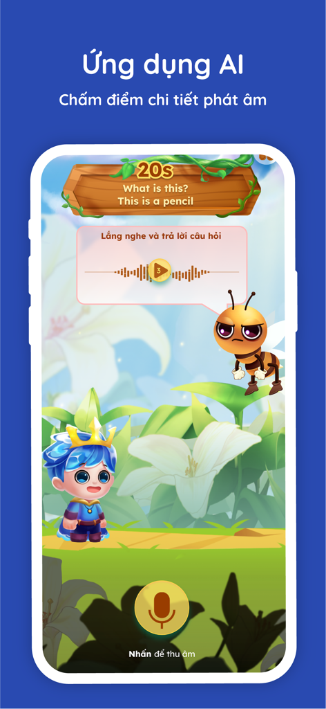 OVI Kids - Interfaz de la aplicación OVI Kids que muestra la práctica de pronunciación con IA para estudiantes de inglés.