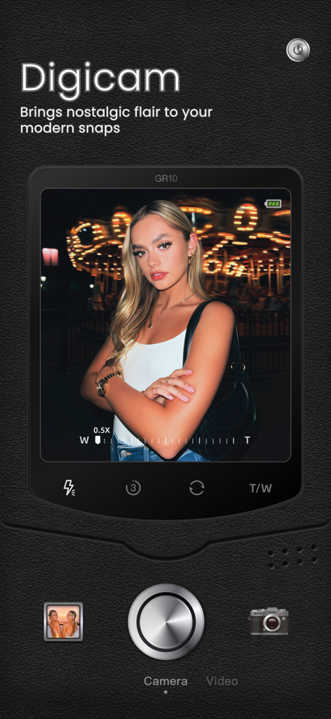Captura de pantalla de la app BeautyCam mostrando la función Digicam con un retrato retro y la interfaz de la cámara.