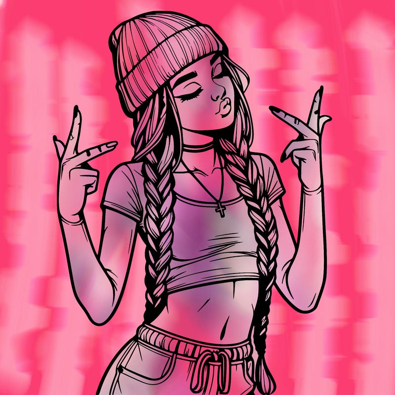 realistic teenage girl with braids and a beanie and crop top doing 🫶🏼