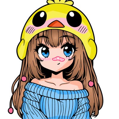 anime girl with chick shaped hat with sweater with bare shoulders with bangs covering them one eye with low tail