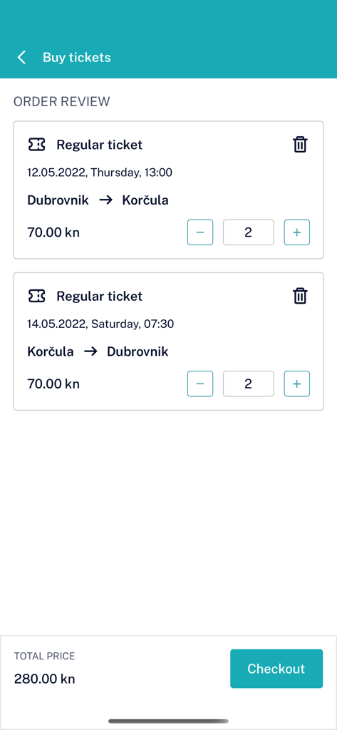 Écran de paiement de l'application TP Line montrant les billets de ferry pour Dubrovnik et Korčula
