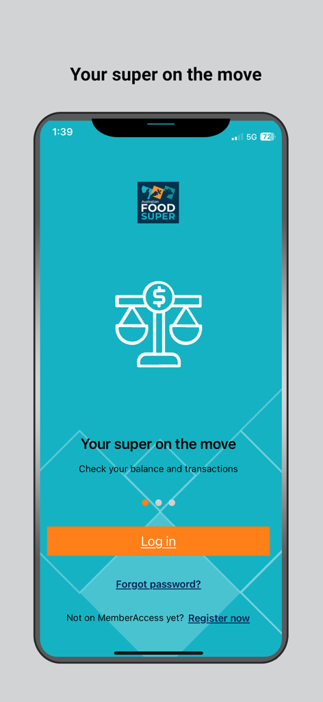 Australian Food Super - Australian Food Super 모바일 앱 로그인 화면, 로그인 및 연금 잔액 확인 옵션 표시