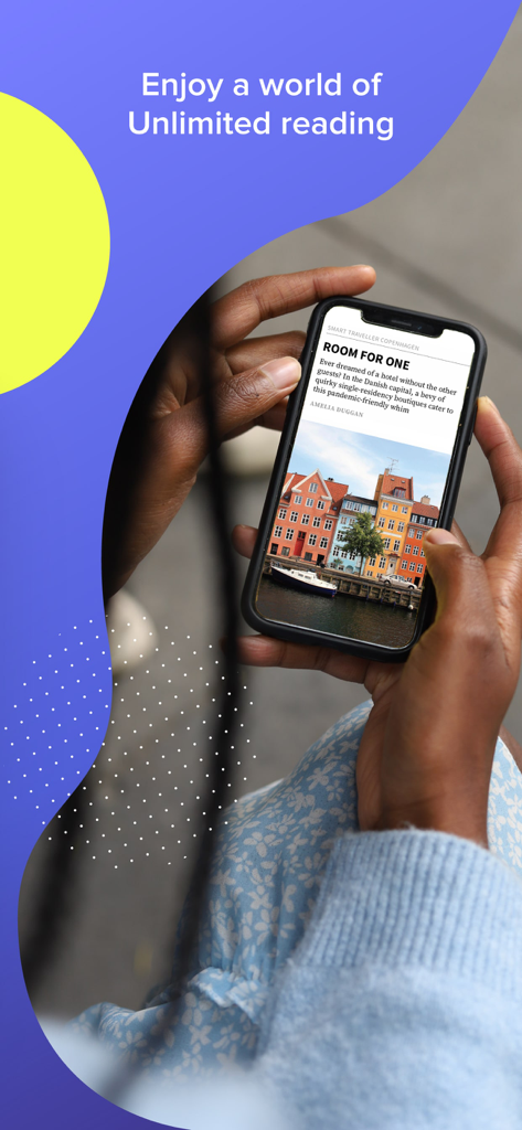 ZINIO Unlimited - Person holding a smartphone displaying a travel magazine article in the Zinio Unlimited app