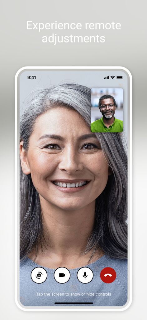myPhonak app remote support interface showing a video call for remote hearing aid adjustments