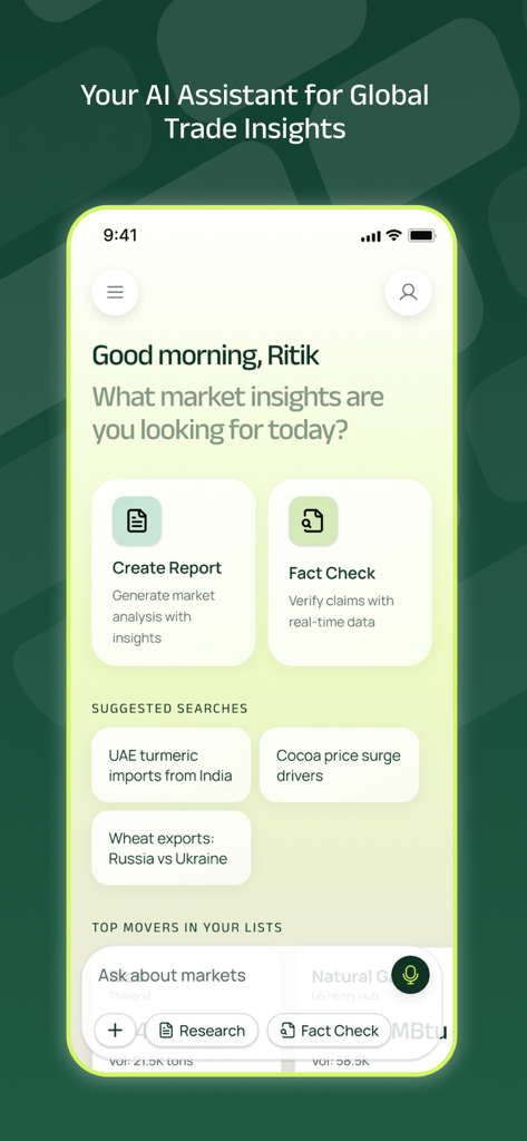 Tradyon - Tradyon mobile app dashboard featuring an AI assistant for global trade insights, market report generation, and real-time commodity fact-checking.