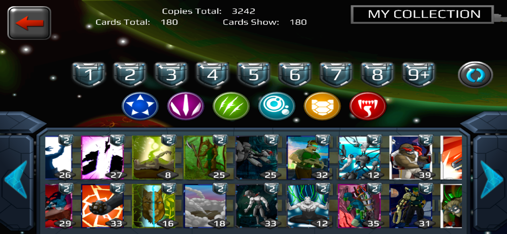 BSoD CCG - The card collection interface in BSoD CCG showing various units and action cards with filtering options