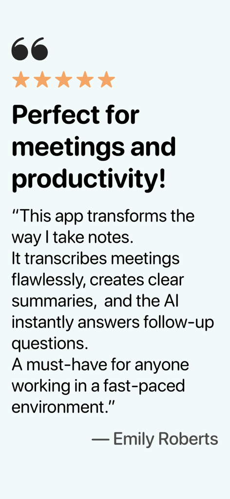 Noota - AI Note Taker - Five star review for Noota AI Note Taker from Emily Roberts mentioning meeting transcription and summaries