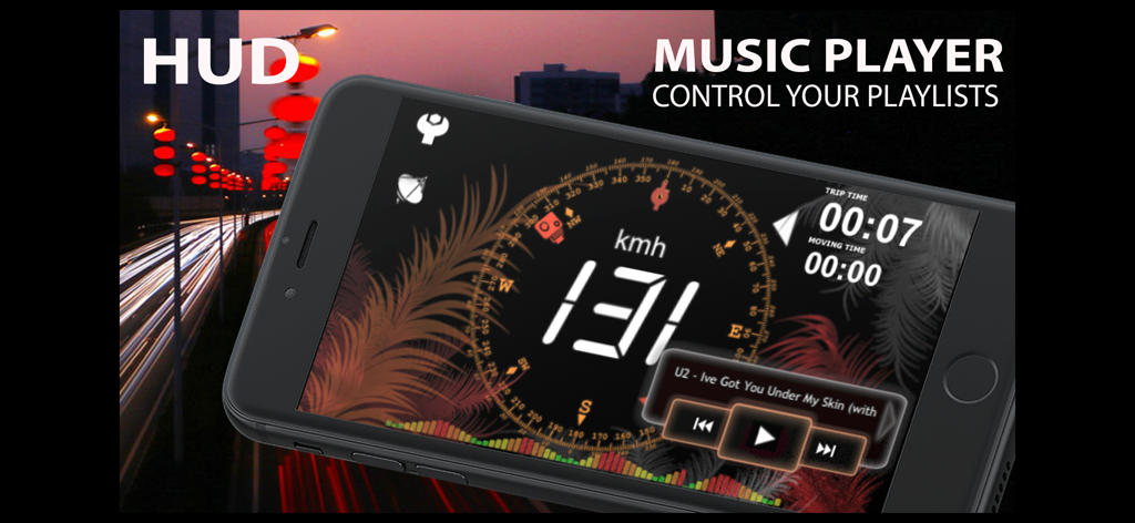 aSmart HUD - aSmart HUD app interface featuring digital speedometer and music player controls