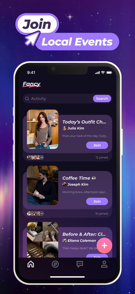 Smartphone showing the Join Local Events screen of the Fancy social app with various group activity cards