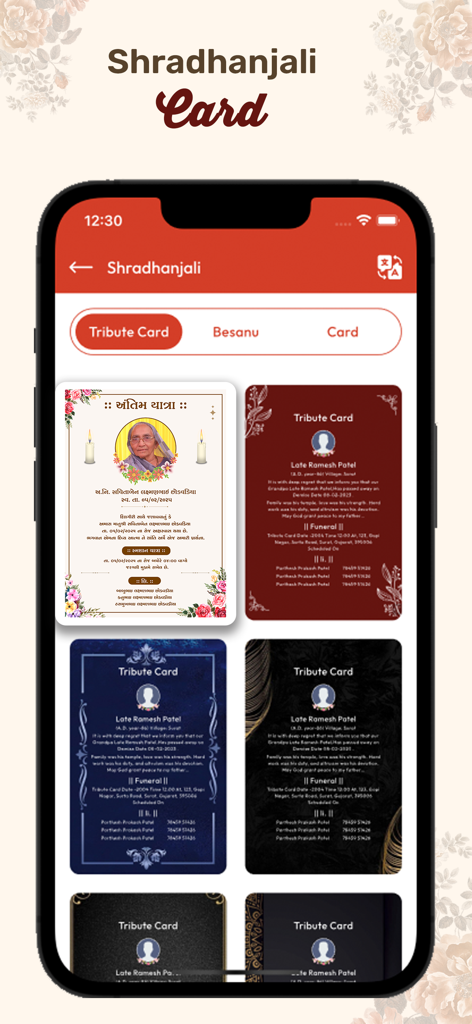 Pixano - Business Post Maker - App interface displaying customizable Shradhanjali and memorial tribute card templates