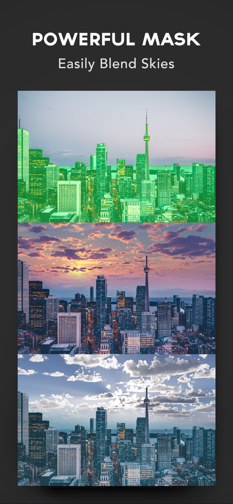 A demonstration of the powerful masking tool in SkyLab showing how to easily blend different sky textures onto a city skyline.