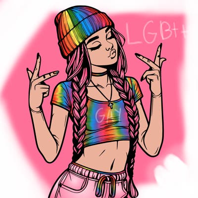 realistic teenage girl with braids and a beanie and crop top doing 🫶🏼