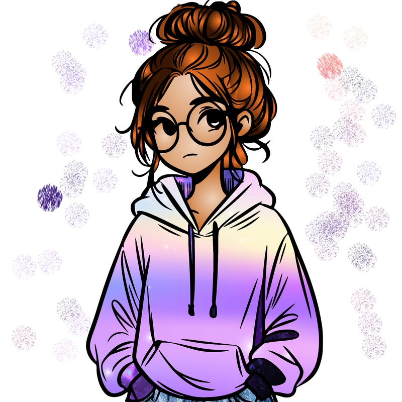 teen girl with a messy bun and glasses wearing a loose hoodie and jeans