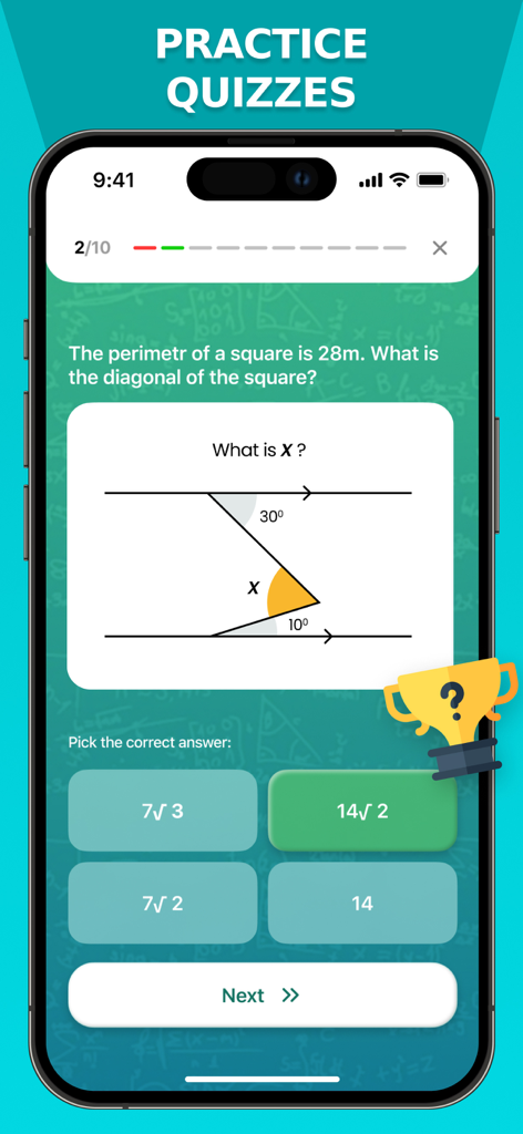 A mobile app interface showing a geometry practice quiz with a question about squares and angles.
