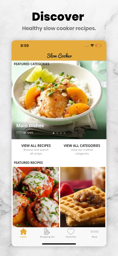 Tasty Slow Cooker Recipes - 맛있는 슬로우 쿠커 레시피 앱의 홈 화면으로, 주요 요리와 건강한 레시피 카테고리가 표시됩니다.