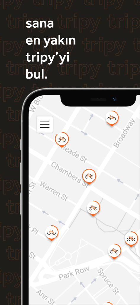 Interfaz de la aplicación móvil Tripy que muestra un mapa con ubicaciones de bicicletas eléctricas disponibles cerca