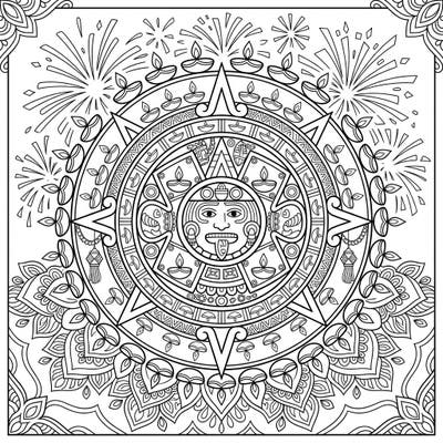 Dive into a spectacular fusion of cultures with this Aztec Sun Stone Diwali coloring page. Adorned with diyas, rangoli, and fireworks, it offers a beautifully intricate design for creative expression.