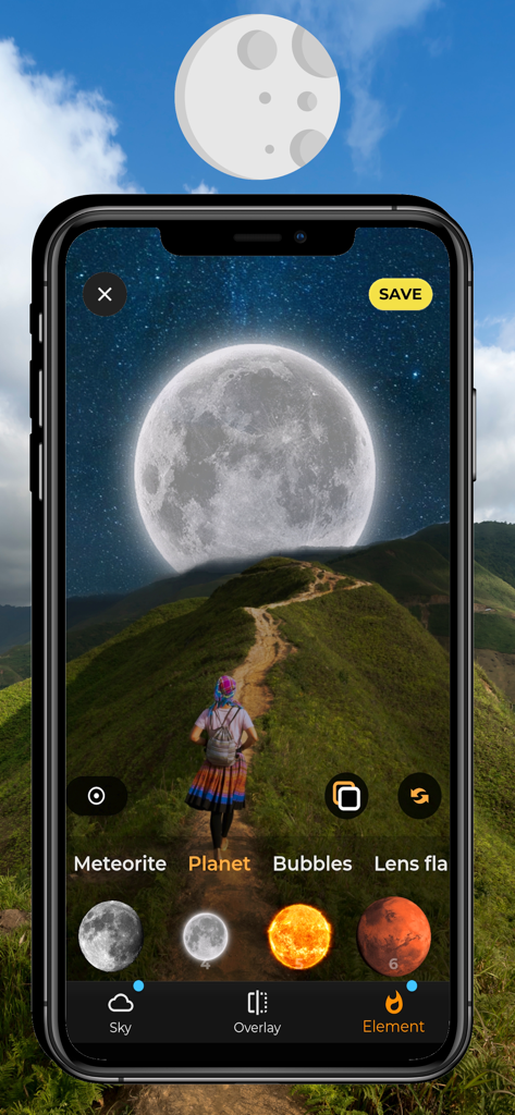 Sky Editor - SkyPic - SkyPic app interface showing the planet element tool adding a large moon to a hiking photo