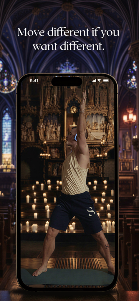 SANCTUM: Mind-Body Workout - A man practicing a mindful workout in a candlelit cathedral setting on the Sanctum app screen