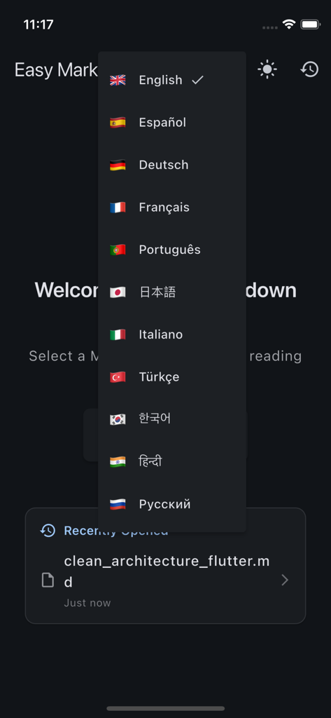 Easy Markdown Reader - Language selection dropdown menu in Easy Markdown Reader displaying multiple language options on a dark theme interface.