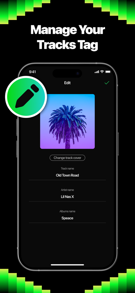 Offline music & local player - Interfaz de aplicación móvil para editar etiquetas de pista, incluyendo título, artista, nombre del álbum y carátula.
