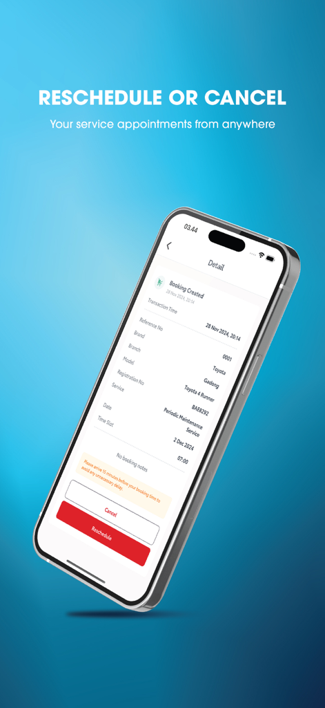 NBT Mobility - NBT Mobility app screen showing details for a Toyota service booking with options to reschedule or cancel