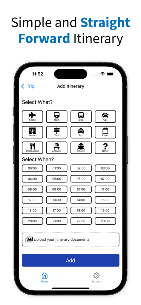 Travel Easy Reiseplan App-Bildschirm zum Hinzufügen von Flügen, Hotels und Aktivitäten nach Zeit.