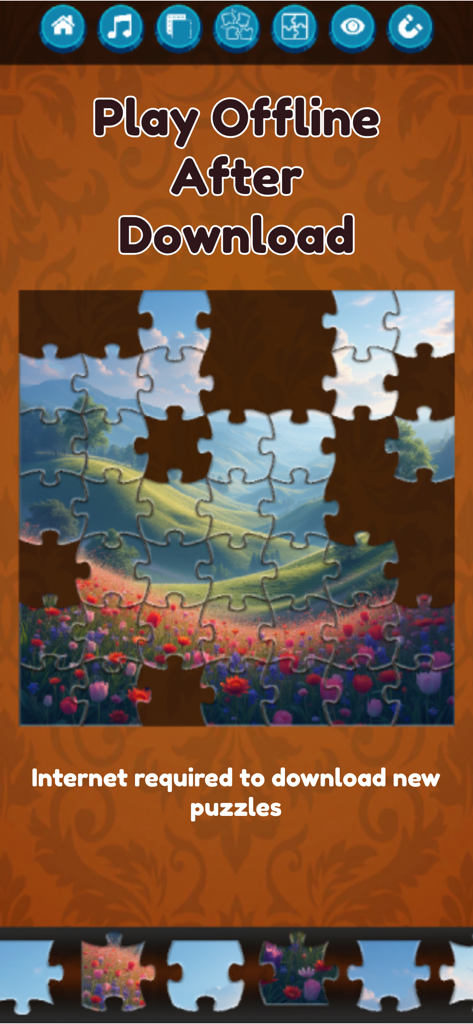 Jigsaw Puzzle & Brain Games - Jigsaw puzzle gameplay screen showing a landscape puzzle with text about offline play.