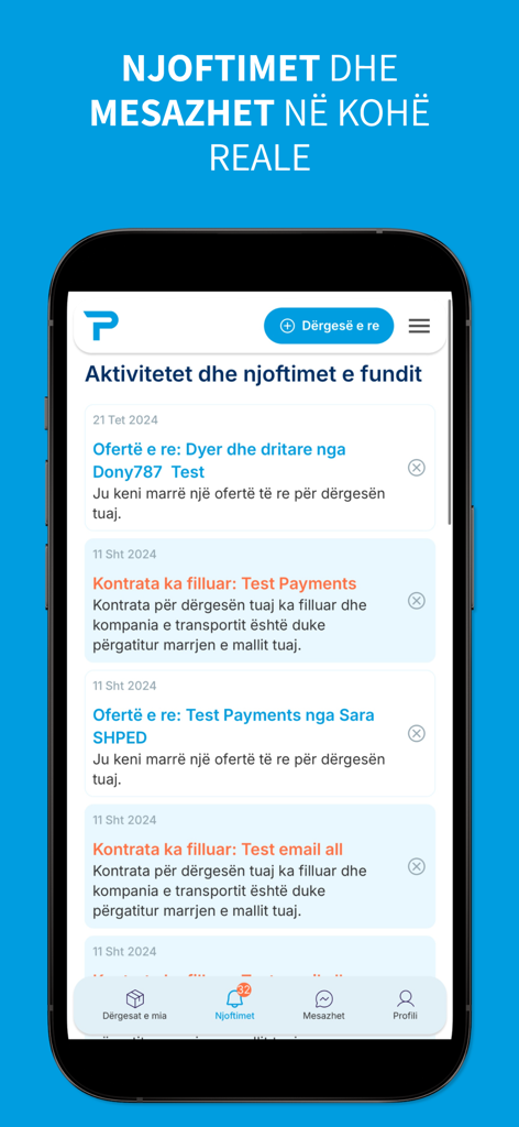 TransParto - TransParto mobile App-Oberfläche, die ein Dashboard mit Echtzeit-Benachrichtigungen für Transportangebote und aktive Logistikverträge anzeigt.