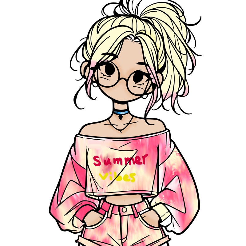 girl with a messy ponytail glasses a baggy crop top and jean shorts