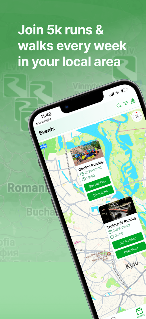 Pantalla de la aplicación Runday mostrando eventos locales de carrera y caminata de 5k en un mapa