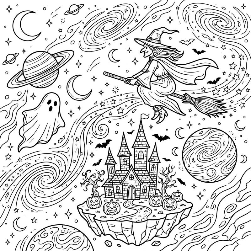Blast off into a spooky-fun universe with this unique Cosmic Halloween coloring page. Immerse yourself in a celestial scene featuring witches, ghosts, and haunted castles among swirling galaxies.