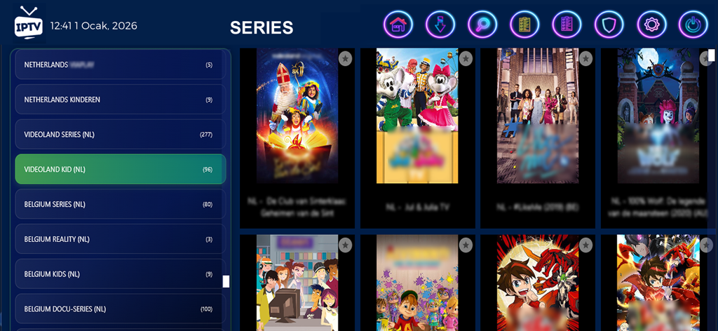 IPTV Smart Pro - Live TV - Eine moderne TV-Serien-Bibliothek-Oberfläche in der IPTV Smart Pro App mit kategorisierten Inhalten.